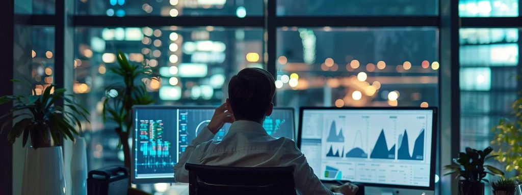a contemplative business owner sits in a modern office, surrounded by sleek tech equipment and a large screen displaying analytical data, as they ponder the critical factors of selecting a web hosting service.
