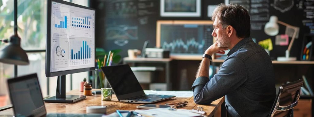 a contemplative business owner sits at a sleek desk in a modern office, surrounded by open laptops and digital charts, deep in thought about optimising their website for search engines through effective on-page seo strategies.