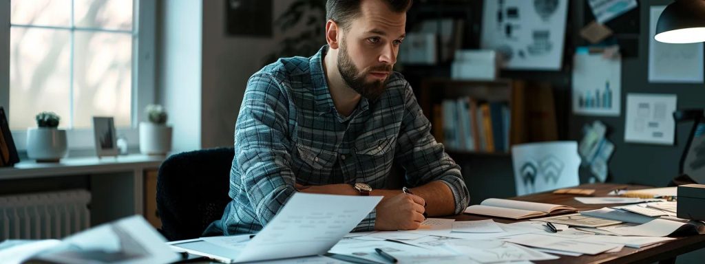 a contemplative business owner sits at a sleek modern desk in a stylish office, surrounded by design sketches and digital mock-ups, deeply engaged in thought about creating an impactful and user-friendly website.