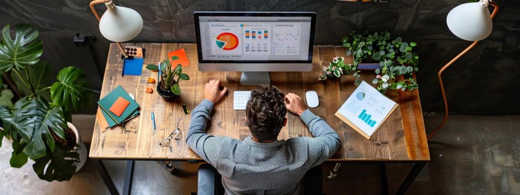 a focused business owner thoughtfully strategises at a sleek modern desk, surrounded by digital marketing tools and a computer displaying a vibrant email campaign, embodying the essence of engaging email marketing to grow an audience.