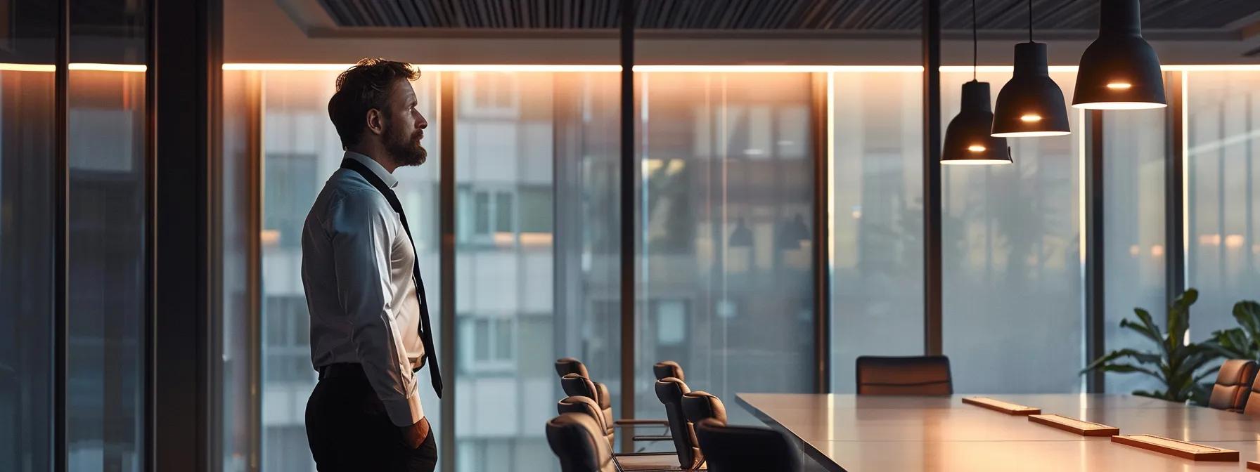 a thoughtful business owner, immersed in contemplation, stands by a sleek conference table in a modern office, illuminated by warm artificial lighting that highlights the intricate details of the contemporary decor.